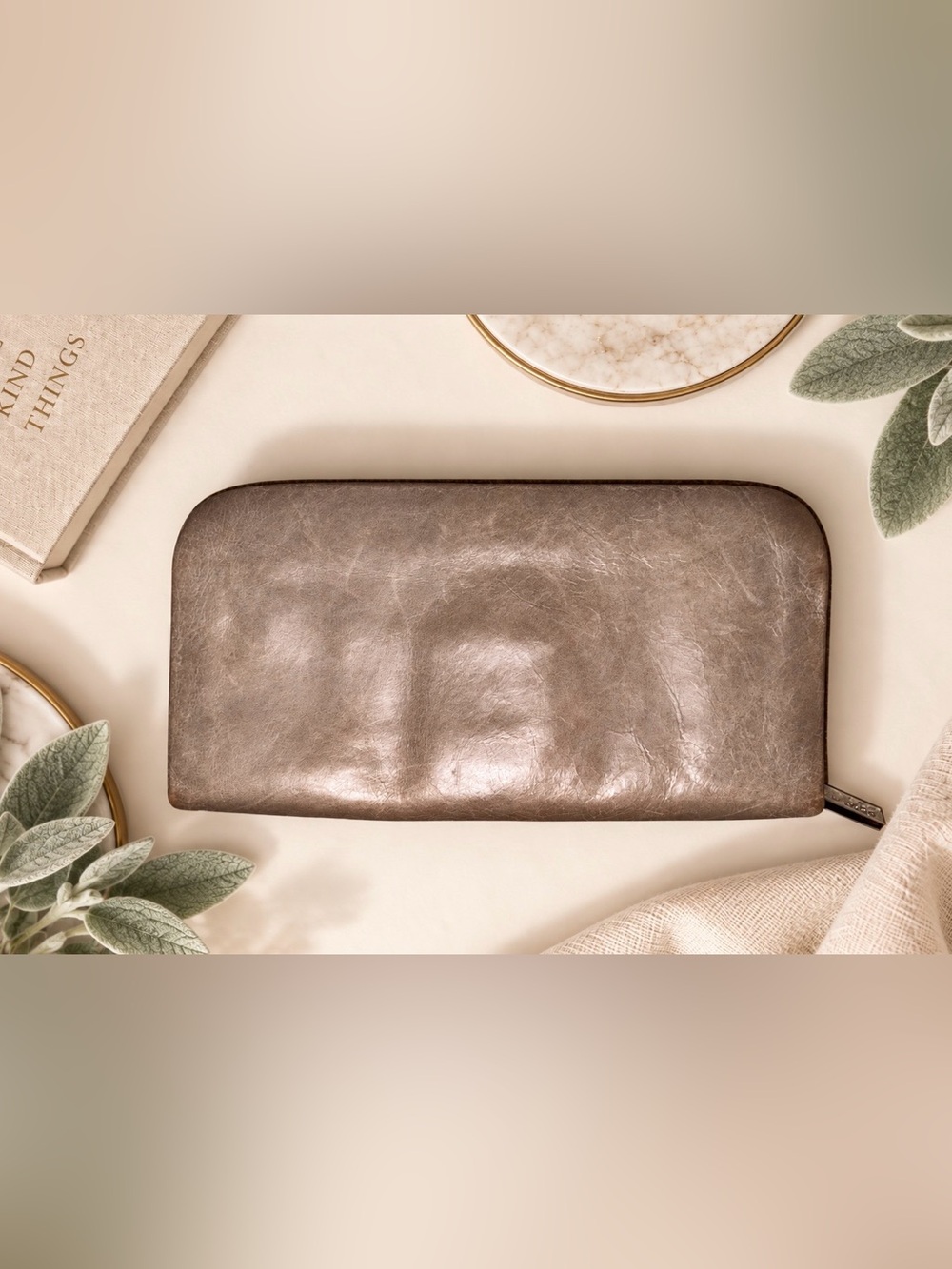 HOBO Taupe Leather Zip Around Wallet | Orange Print Interior